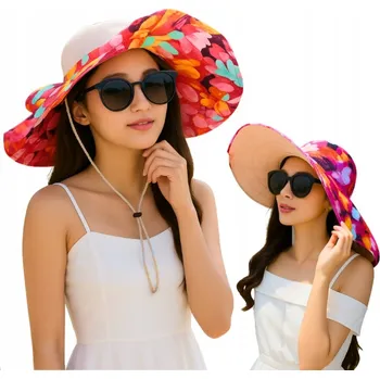 Klobouk Dámský letní klobouk proti slunci UV oboustranný s s velkou krempou a šňůrkou