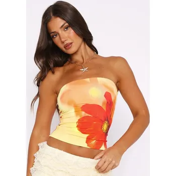 Best Fashion Dámský květovaný crop top bez ramínek se šněrováním na zádech Velikost: S, Barva (Varianta): Žlutá