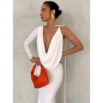 Dámské šaty Best Fashion Jednoramenní dlouhé šaty s vázáním a elegantním střihem Velikost: L, Barva (Varianta): Bílá