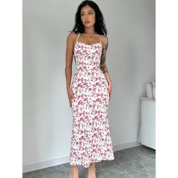 Dámské šaty Best Fashion Dámské květinové midi šaty se šněrováním na zádech Velikost: M, Barva (Varianta): Červená