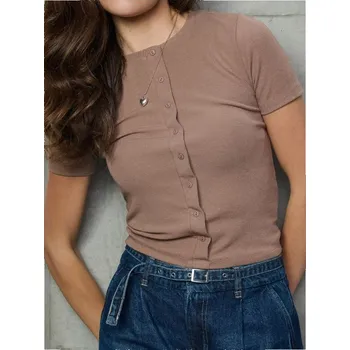 Oblečení a móda Sinsay - Žebrované tričko s knoflíky - hnědá - 278HB-84X - 278HB-84X-S