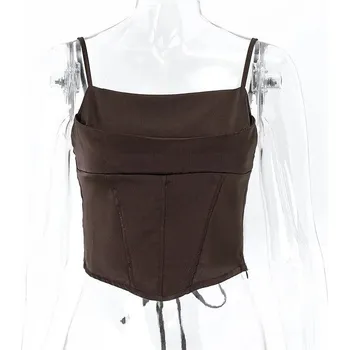 Best Fashion Dámský elegantní crop top se šněrováním a ramínky Velikost: L, Barva (Varianta): Hnědá