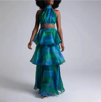 Vzorovaný letní set top a sukně s volánky Barva: Modrá, Velikost: 3XL