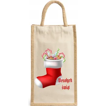 Nákupní taška Bavlněná taška na dvě lahve s potiskem s vánočním motivem, ideální dárek W7
