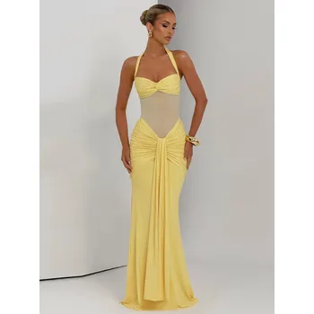 Dámské šaty Best Fashion Dlouhé dámské šaty se šněrováním a krajkovými detaily Velikost: S, Barva (Varianta): Žlutá