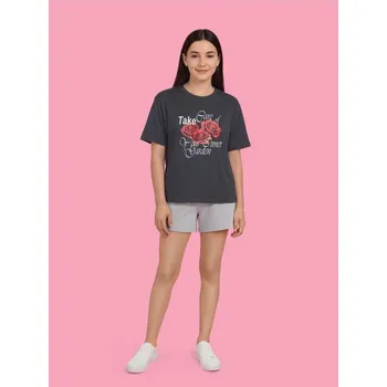 Dívčí oblečení Sinsay - Bavlněné oversize tričko s potiskem - šedá - 296GW-86X - 296GW-86X-146