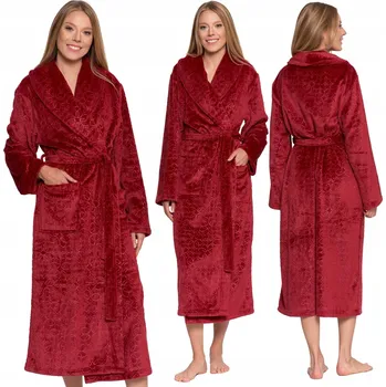 Dámský župan Dámský župan teplý dlouhý MORAJ na zavazování s kapsami pohodlný ČERVENÝ S