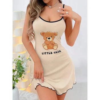 Dámské erotické šaty Best Fashion Roztomilá noční košilka s potiskem medvídka na ramínka Velikost: S, Barva (Varianta): Aprikotová