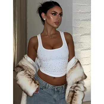 Best Fashion Lesklý dámský top s krystaly a širokým výstřihem Velikost: S, Barva (Varianta): Bílá