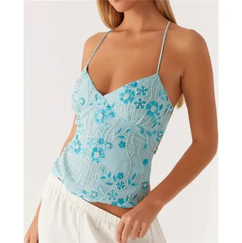 Best Fashion Dámský flitrovaný krátký top s ramínky Velikost: S, Barva (Varianta): Modrá