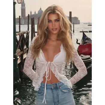 Best Fashion Dámský krajkový zapínací top se šněrováním Velikost: S, Barva (Varianta): Bílá