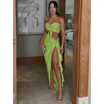 Best Fashion Dvoudílný set top a sukně s volány elegantní styl Velikost: M, Barva (Varianta): Zelená