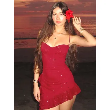 Dámské šaty Best Fashion Dámské mini šaty s flitry, volánky a odhalenými zády Velikost: M, Barva (Varianta): Červená