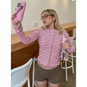 Dámský svetr FIT FASHION Dámský pruhovaný propínací kardigan Velikost: L, Barva (Varianta): Růžová