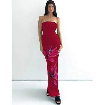 Dámské šaty Best Fashion Přiléhavé midi šaty bez ramínek s květinovým potiskem Velikost: L, Barva (Varianta): Bordová