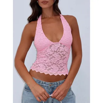 Best Fashion Dámský krajkový top bez rukávů s odhalenými zády Velikost: S, Barva (Varianta): Růžová