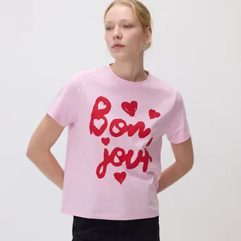 Dámské tričko Reserved - Bavlněné tričko s potiskem - pastelově růžová - 153HT-03X - 153HT-03X-S