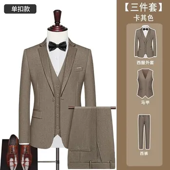 Pánský oblek Best Fashion Pánský elegantní oblek se sakem, vestou a kalhotami Velikost: 5XL, Barva (Varianta): Khaki 1 button