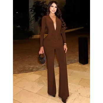 Dámský overall Best Fashion Dámský elegantní overal s výstřihem a řasením Velikost: L, Barva (Varianta): Hnědá