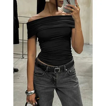 FIT FASHION Krátký top s odhalenými rameny a stylovým řasením Velikost: S, Barva (Varianta): Černá