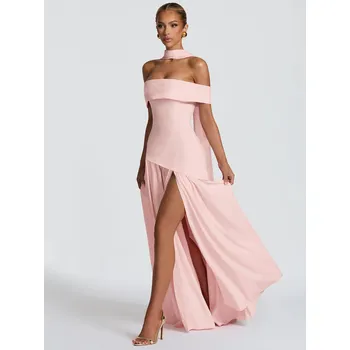 Dámské šaty FIT FASHION Dlouhé společenské šaty bez ramen s rozparkem Velikost: S, Barva (Varianta): Světle růžová