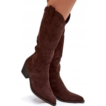 Dámské kozačky KOZAČKY KOVBOJSKÉ BOTY Z EKO SEMIŠE SE ŠIKMÝM PODPATKEM NA ZAPÍNÁNÍ ČOKOLÁDOVÉ 41