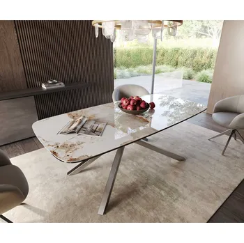 Jídelní stůl DELIFE Jídelní stůl Edge Boot 200x100 keramika Minas Melange bílá béžová křížová podnož nerezová ocel