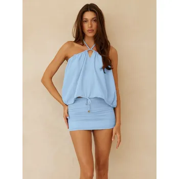 Best Fashion Dámský dvoudílný set top a krátká sukně na párty Velikost: M, Barva (Varianta): Světle modrá