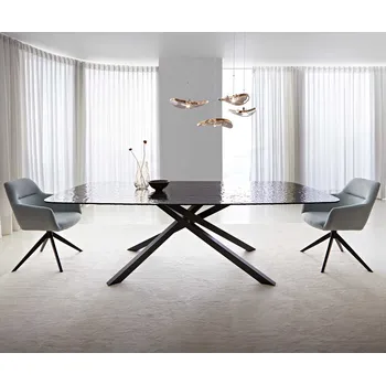 Jídelní stůl DELIFE Jídelní stůl Edge oválný 240x120 sklo s reliéfem kouřově černé 3D design křížová podnož obdélník černá