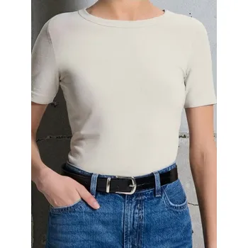 Dámské tričko Sinsay - Bavlněné tričko Basic - krémová - 647EU-01X - 647EU-01X-XS