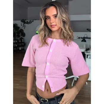 Dámský svetr FIT FASHION Dámský pletený propínací kardigan s půlrukávem Velikost: M, Barva (Varianta): Růžová