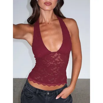 Best Fashion Dámský krajkový top bez rukávů s odhalenými zády Velikost: XS, Barva (Varianta): Bordová