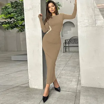 Dámské šaty Best Fashion Dlouhé přiléhavé společenské šaty s rukávy Velikost: S, Barva (Varianta): Khaki