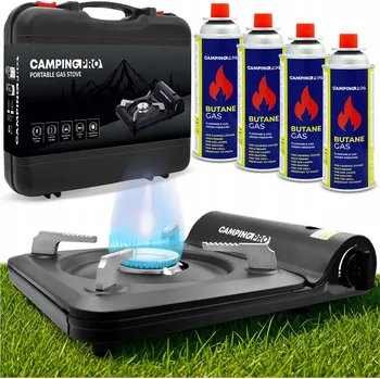 Turistický vařič PLYNOVÝ VAŘIČ TURISTICKÝ CAMPINGPRO VÝKONNÝ 3500W KUFŘÍK + 4 PLYNOVÉ KARTUŠE