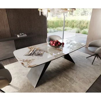 Jídelní stůl DELIFE Jídelní stůl Edge Boot 200x100 keramika Minas Melange bílá béžová podnož ve tvaru V plochá ocel černá