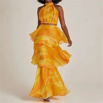 Vzorovaný letní set top a sukně s volánky Barva: Žlutá, Velikost: 3XL