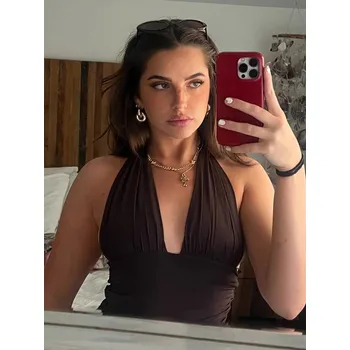 Best Fashion Dámský halter top s odhalenými zády a šněrováním Velikost: S, Barva (Varianta): Tmavě hnědá