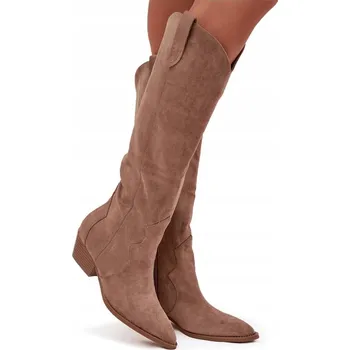 Dámská obuv KOZAČKY KOVBOJSKÉ BOTY Z EKO SEMIŠE NA PODPATKU VSUVNÉ STYLOVÉ BÉŽOVÉ 37