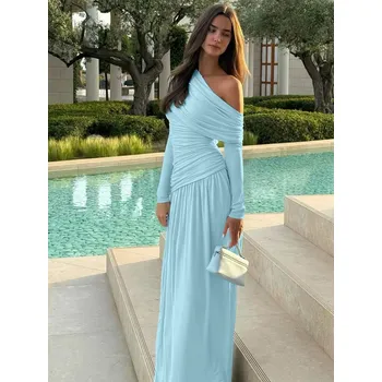 Dámské šaty Best Fashion Dámské dlouhé šaty s řasením na jedno rameno Velikost: S, Barva (Varianta): Modrá