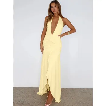 Dámské šaty Best Fashion Dlouhé přiléhavé šaty s hlubokým výstřihem Velikost: S, Barva (Varianta): Žlutá