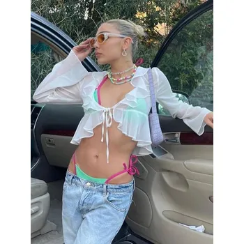 Dámský svetr FIT FASHION Lehký šifonový cardigan se šněrováním a volánky Velikost: XS, Barva (Varianta): Bílá