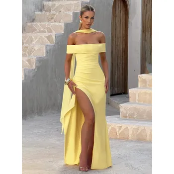 Dámské šaty FIT FASHION Dlouhé šaty s odhalenými zády a decentním rozparkem Velikost: M, Barva (Varianta): Žlutá