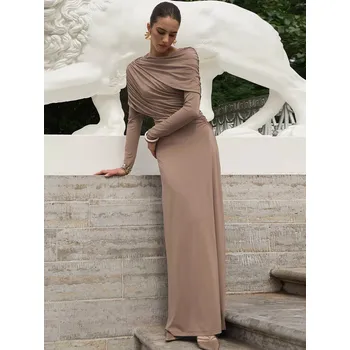 Dámské šaty Best Fashion Dlouhé přiléhavé šaty s řasením a dlouhým rukávem Velikost: S, Barva (Varianta): Khaki