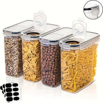 Dóza na potraviny VELKÉ HERMETICKÉ NÁDOBY NA POTRAVINY 4ks 4 LITRY + ETIKETY A ODMĚRKY DÁREK