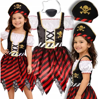 Karnevalový kostým KOSTÝM PŘEVLEK PIRÁTKA PIRÁTSKÝ KOSTÝM KLOBOUK NA PLES 122 128