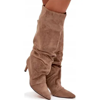 Dámské kozačky Dámské kozačky z eko semiše na jehlovém podpatku, zateplené, béžové, velikost 41