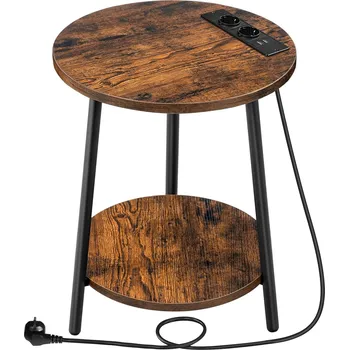 Konferenční stolek Kulatý odkládací stolek Vasagle Leky 40 cm s nabíjecí stanicí hnědý/černý