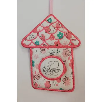 Látkový domeček plochý č.2 bílý s růžovým okrajem - Welcome