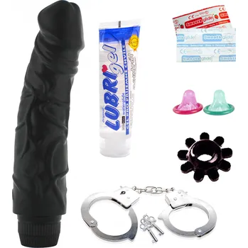 Smyslný set pro páry Odstín šedi - vibrátor, pouta, kroužek, 2 kondomy a gel