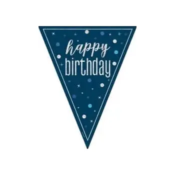 Vlaječková girlanda Glitz modro-stříbrná Happy Birthday 213 cm